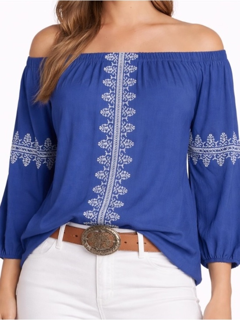 Chaps Blue with White Embroidered Detailing Off the Shoulder Peasant Top